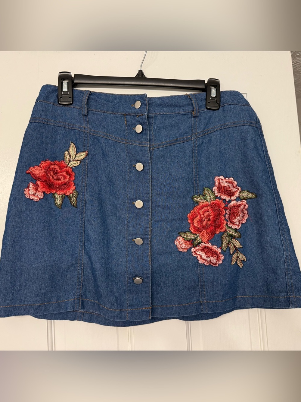Love Riche Blue Denim Button-Front Mini Skirt with Red Floral Embroidery